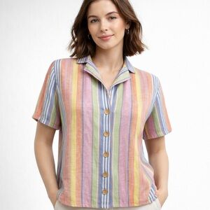 C&C California Womens S Shirt 100% Linen Button Front Rainbow Stripe